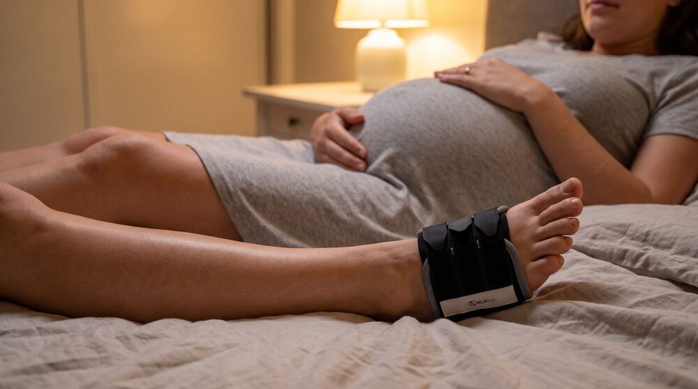 Pregnant woman resting in bed wearing RLStrap