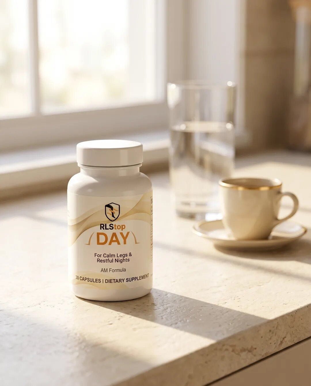 RLStop DAY bottle on a sunny kitchen counter next to a glass of water and a cup of coffee