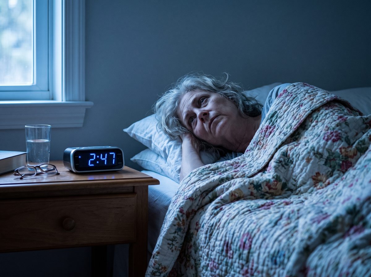 Mujer despierta en la cama junto a un reloj que marca las 2:47