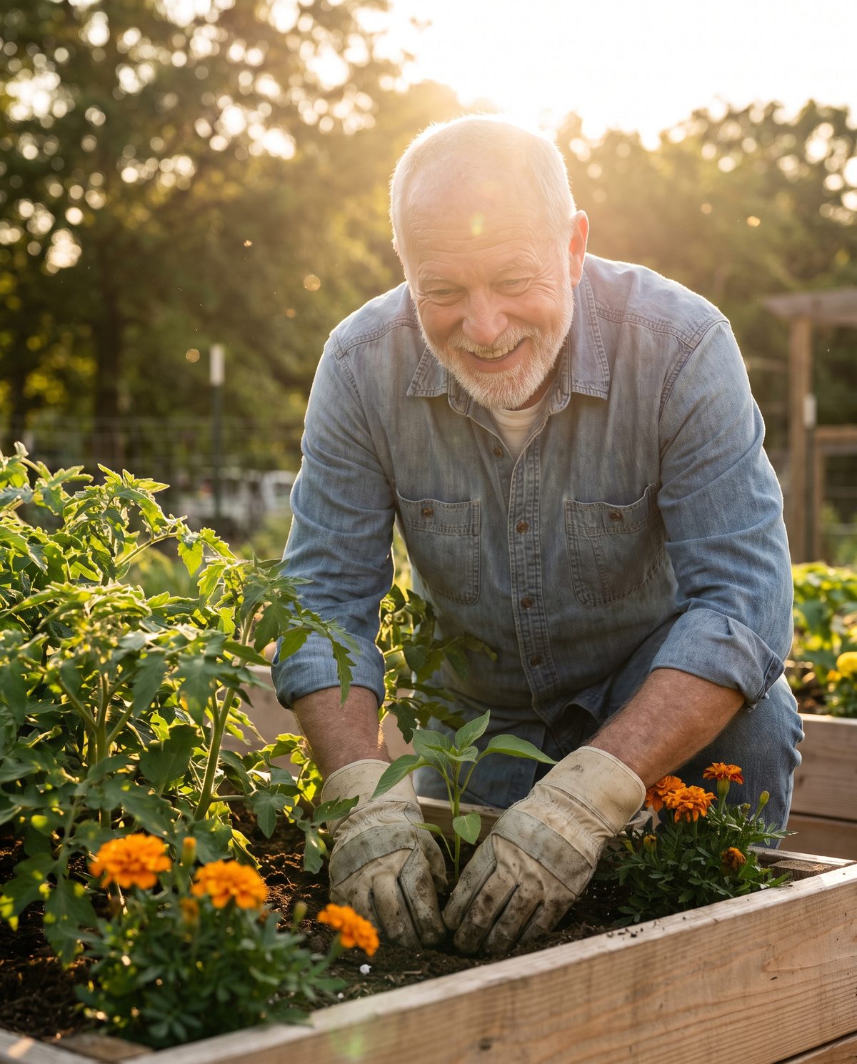 Hombre sonriente trabajando en su jard&iacute;n al atardecer